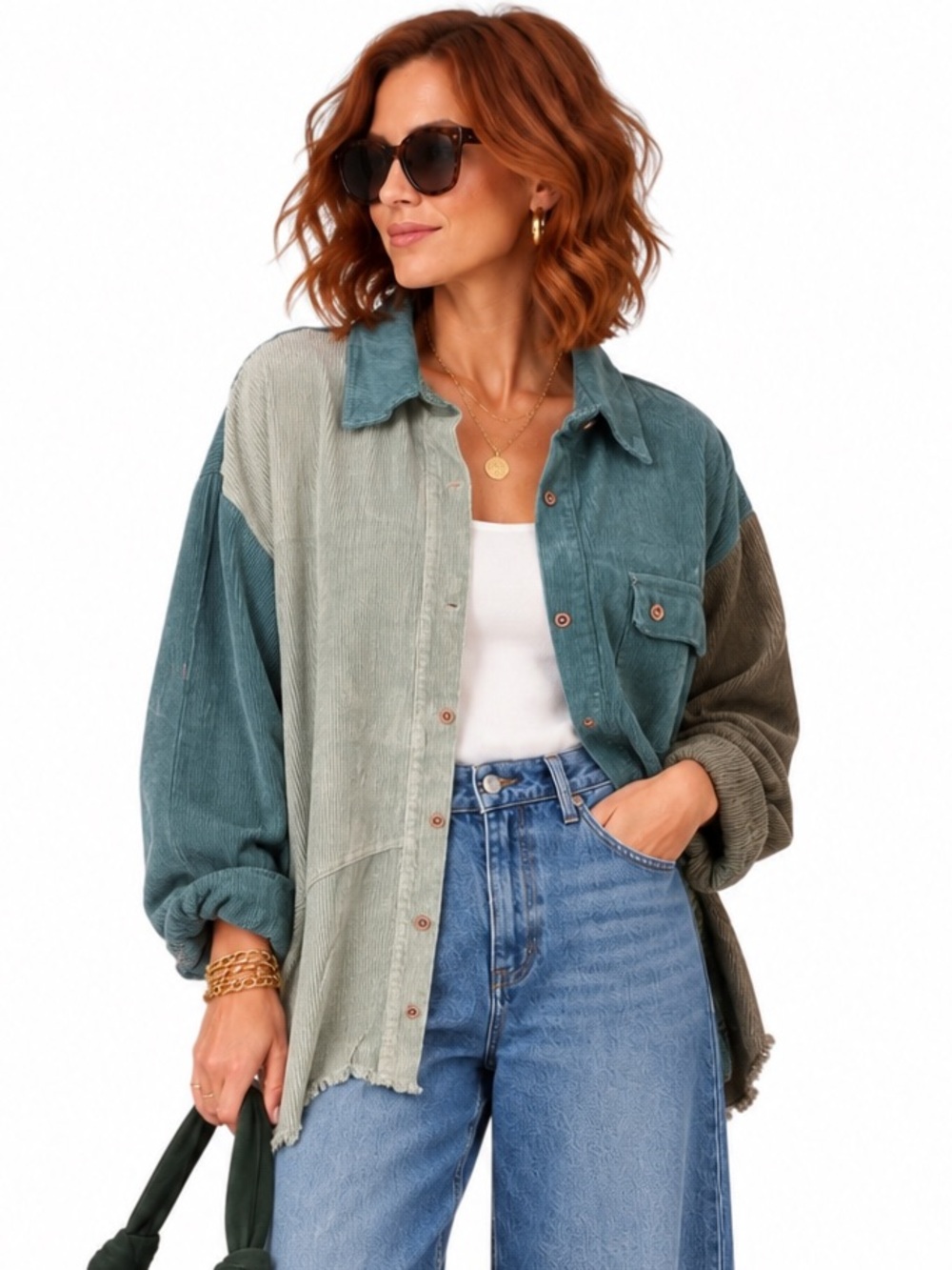 Umgee Teal Multi Corduroy Button up Long Sleeve Shacket